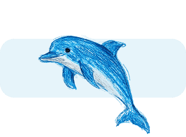 A blue crayon-style illustration of a dolphin leaping, with a white belly and detailed textured strokes.
