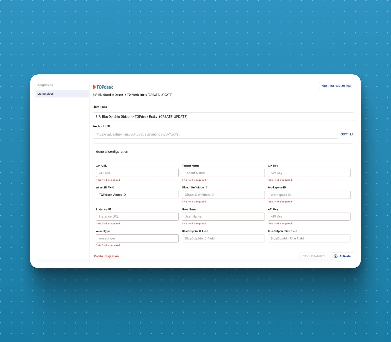TOPdesk integration configuration form with fields for API URL, tenant name, API key, webhook URL, and general settings.