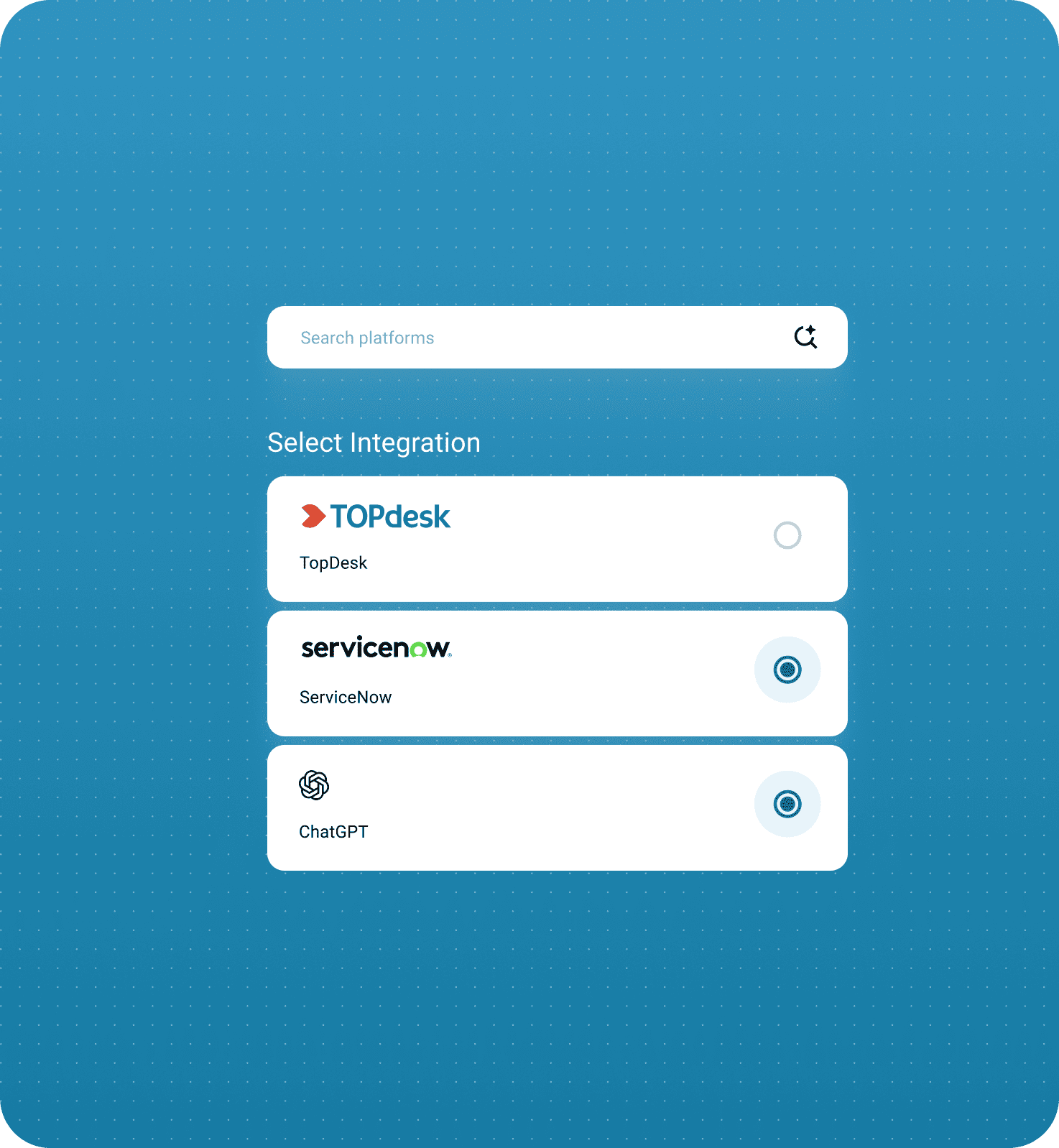 Integration selection interface with TOPdesk, ServiceNow, and ChatGPT options and a search platforms bar.
