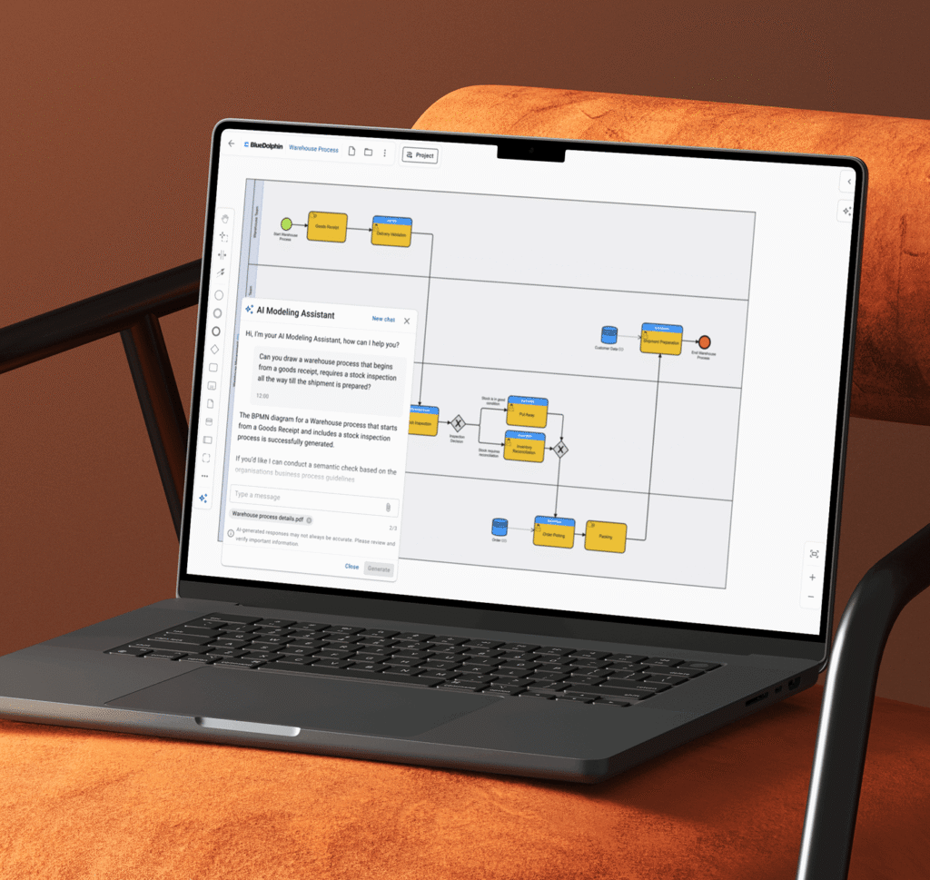 Laptop on a leather chair displaying BlueDolphin's warehouse process BPMN diagram with an AI Modeling Assistant chat overlay.