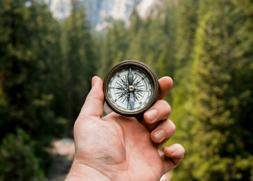 A hand holding a vintage compass against a blurred backdrop of evergreen trees and mountain peaks.