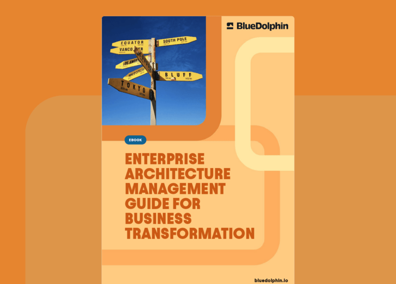 BlueDolphin ebook cover featuring a directional signpost with city names and the title "Enterprise Architecture Management