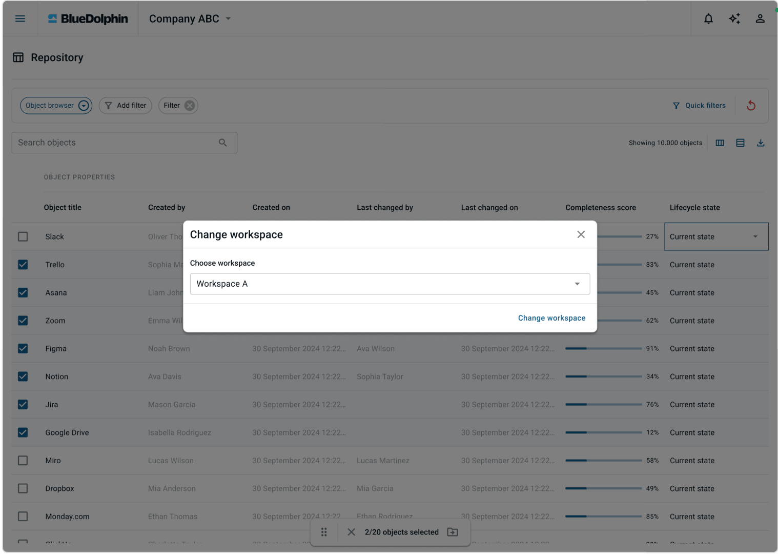 Change workspace feature in the Repository (BlueDolphin)